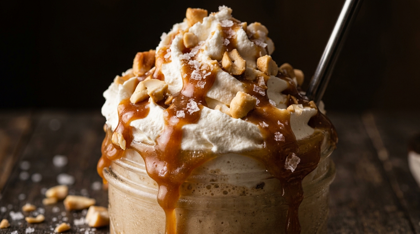 Close-up of vegan salted caramel cashew milkshake