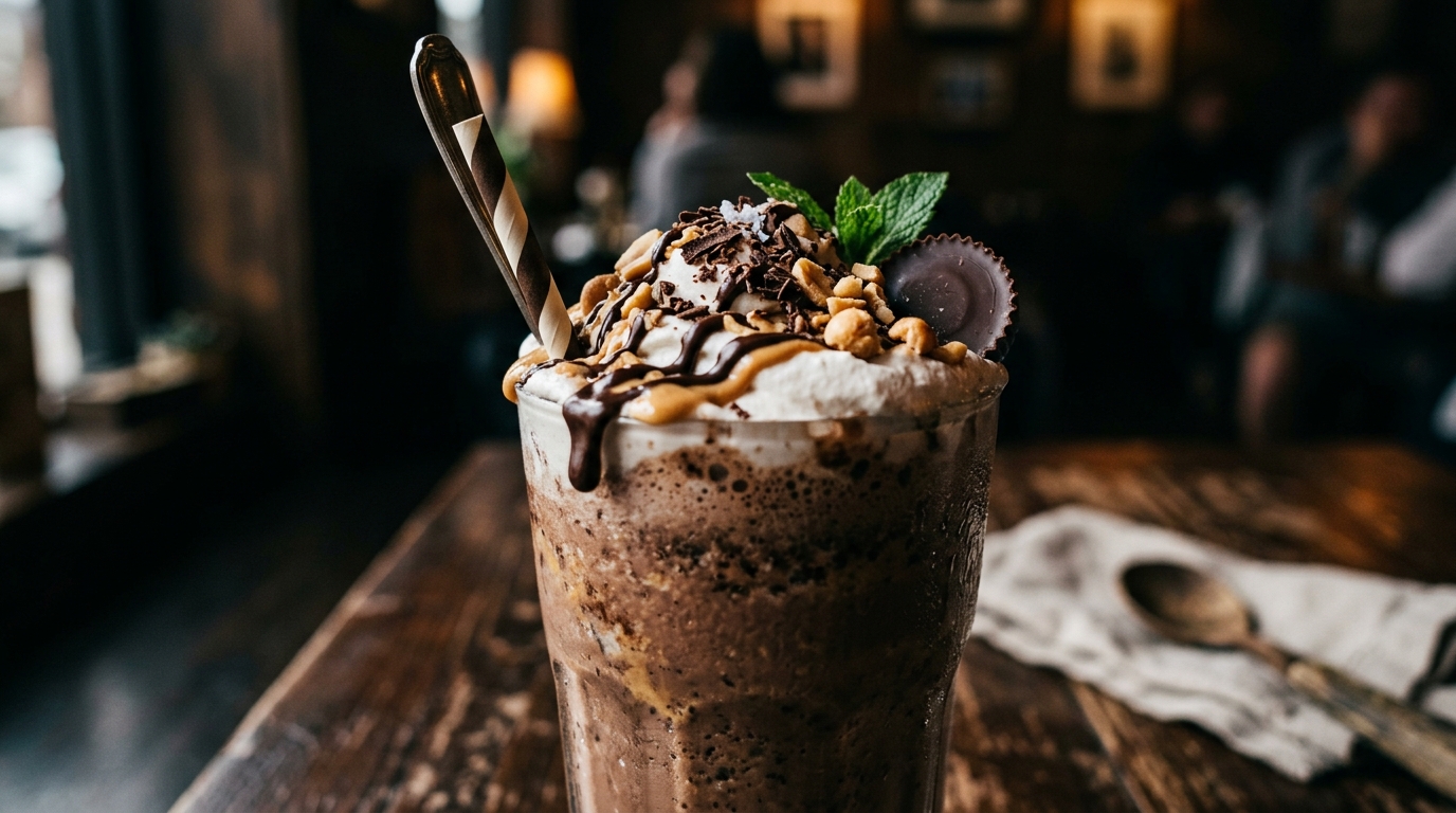 Close-up of vegan chocolate peanut butter milkshake