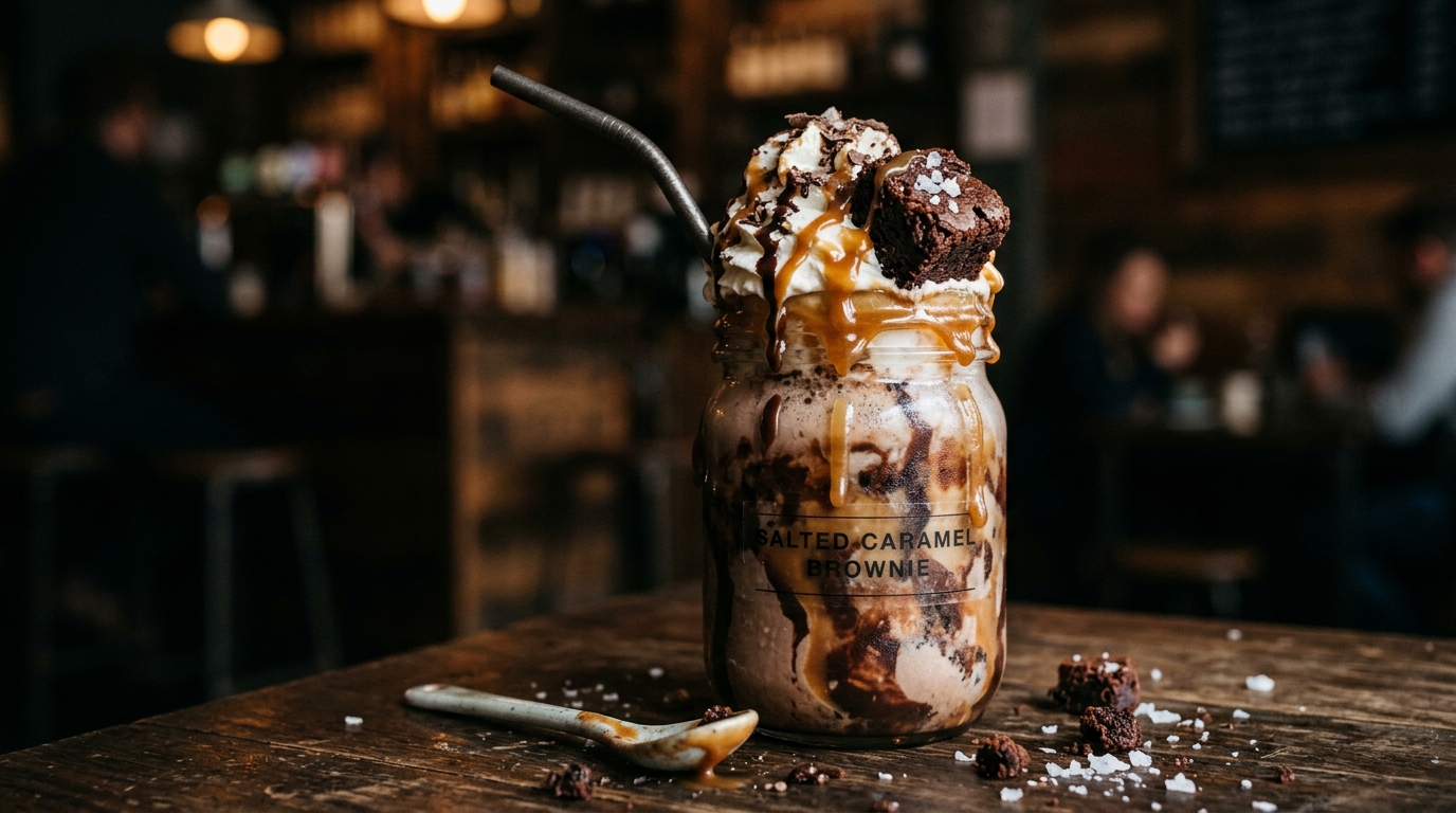 Close-up of salted caramel brownie milkshake