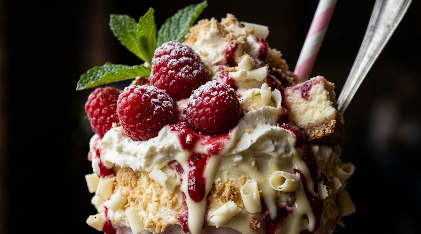 Close-up of white chocolate raspberry cheesecake milkshake