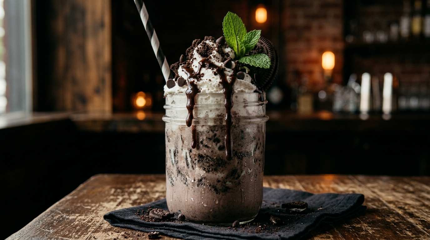 Close-up of mint chocolate cookie milkshake