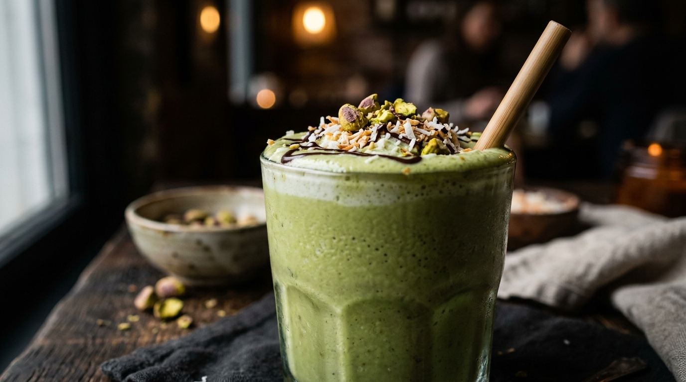 Close-up of pistachio coconut vegan milkshake