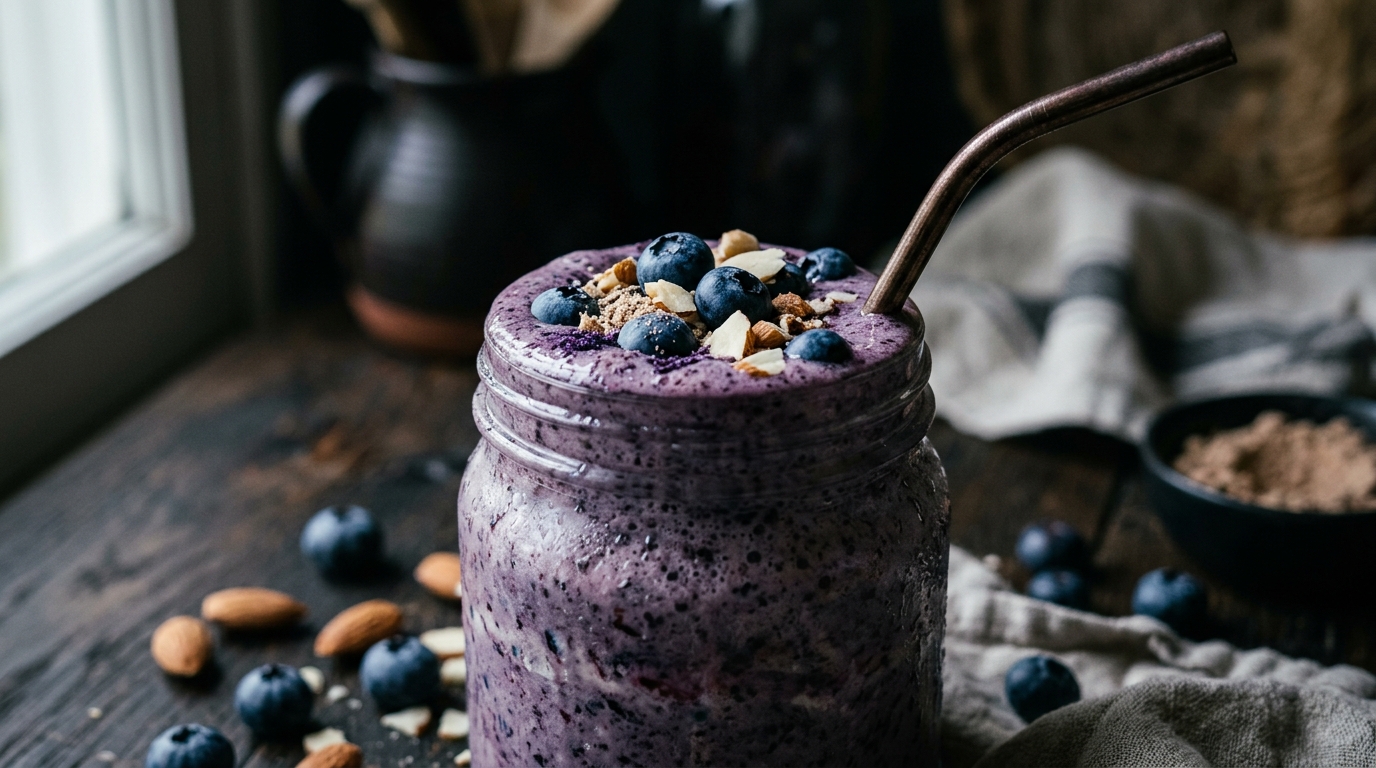 Close-up of blueberry almond protein milkshake