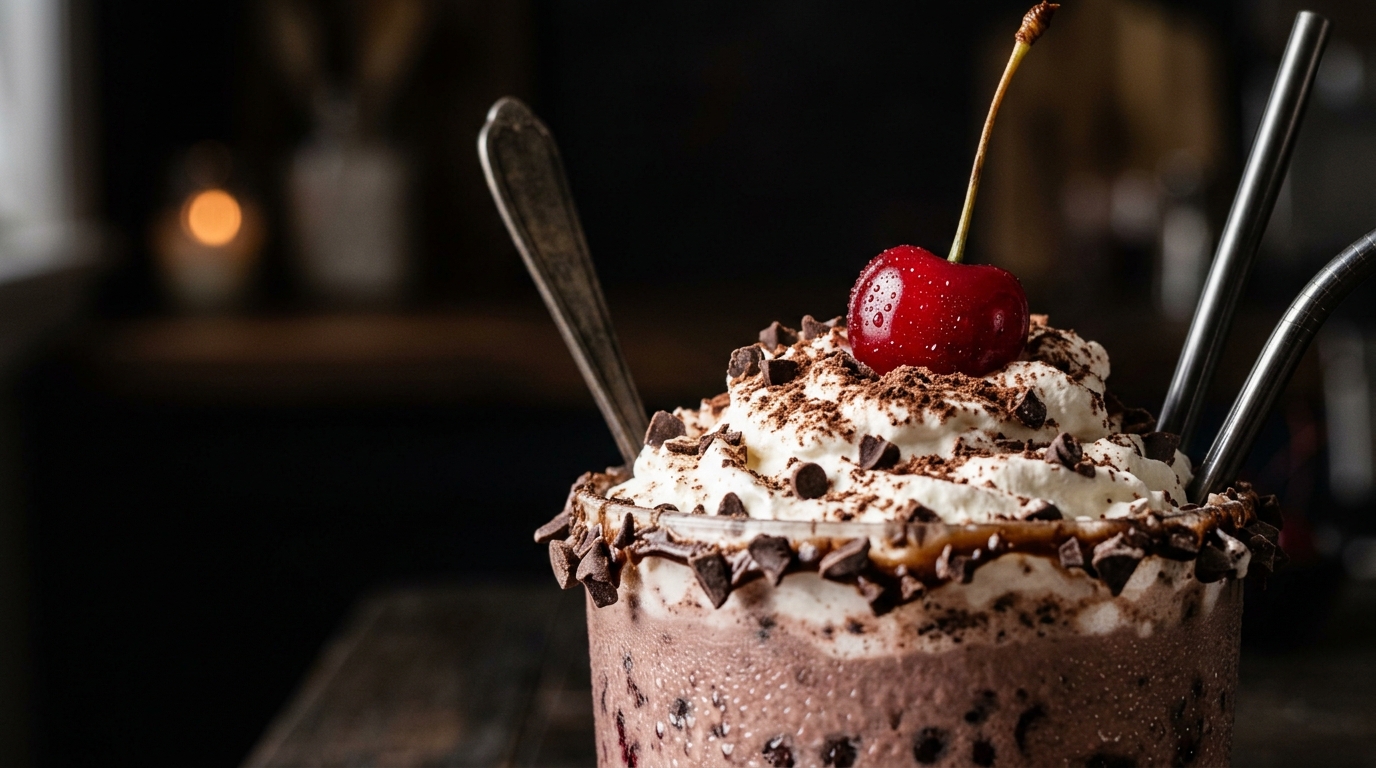 Close-up of cherry chocolate chip milkshake