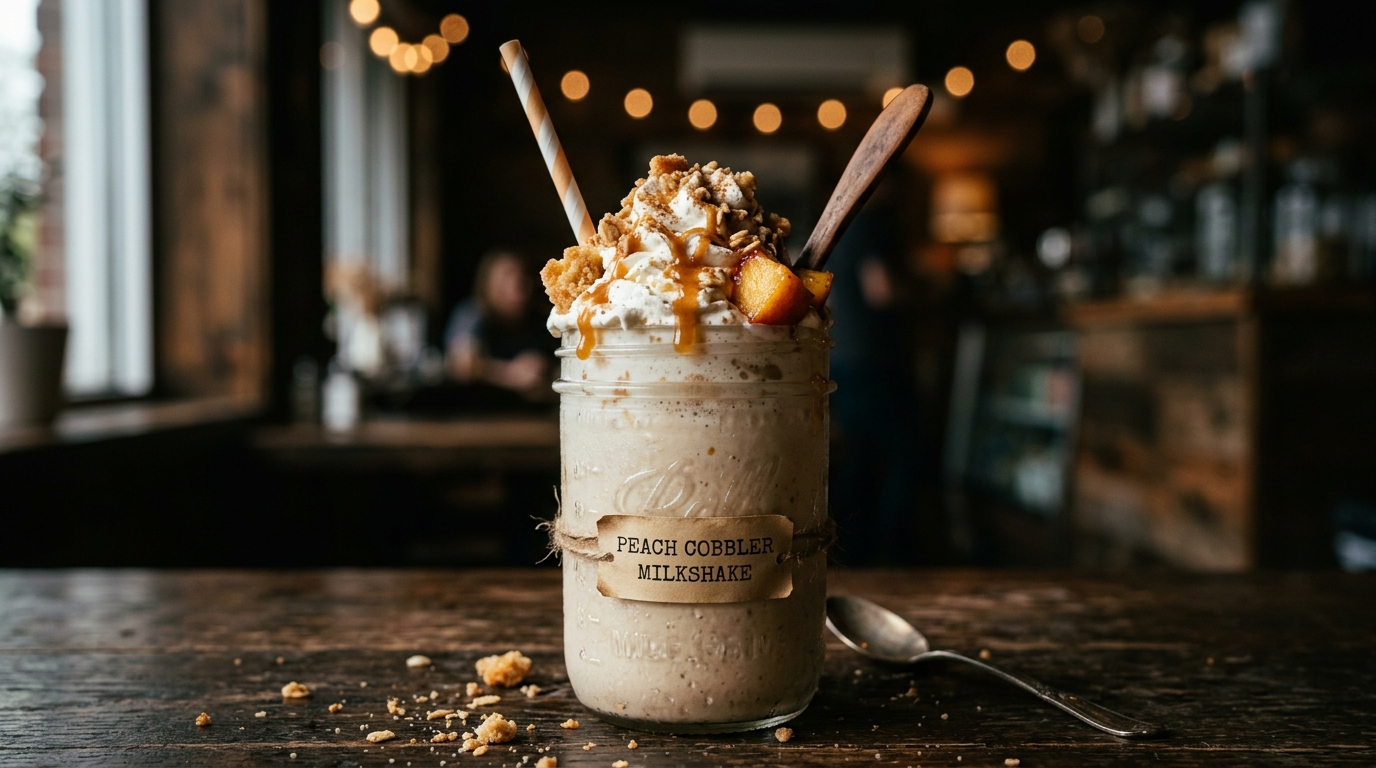 Close-up of peach cobbler milkshake