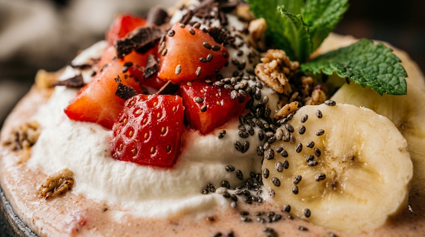 Close-up of strawberry banana protein milkshake