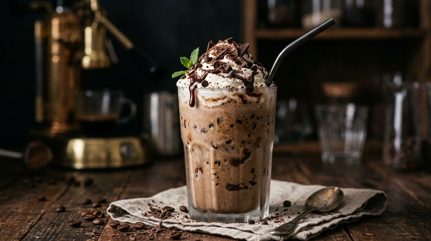 Close-up of espresso chocolate chip milkshake