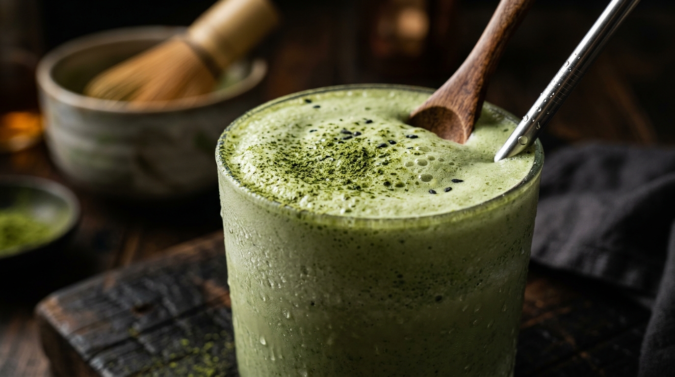 Close-up of matcha green tea protein milkshake