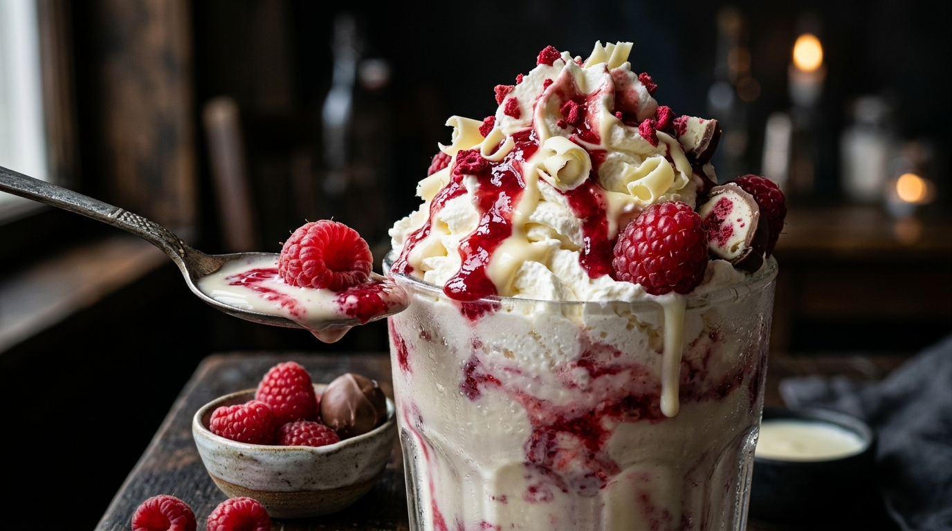 Close-up of white chocolate raspberry truffle milkshake