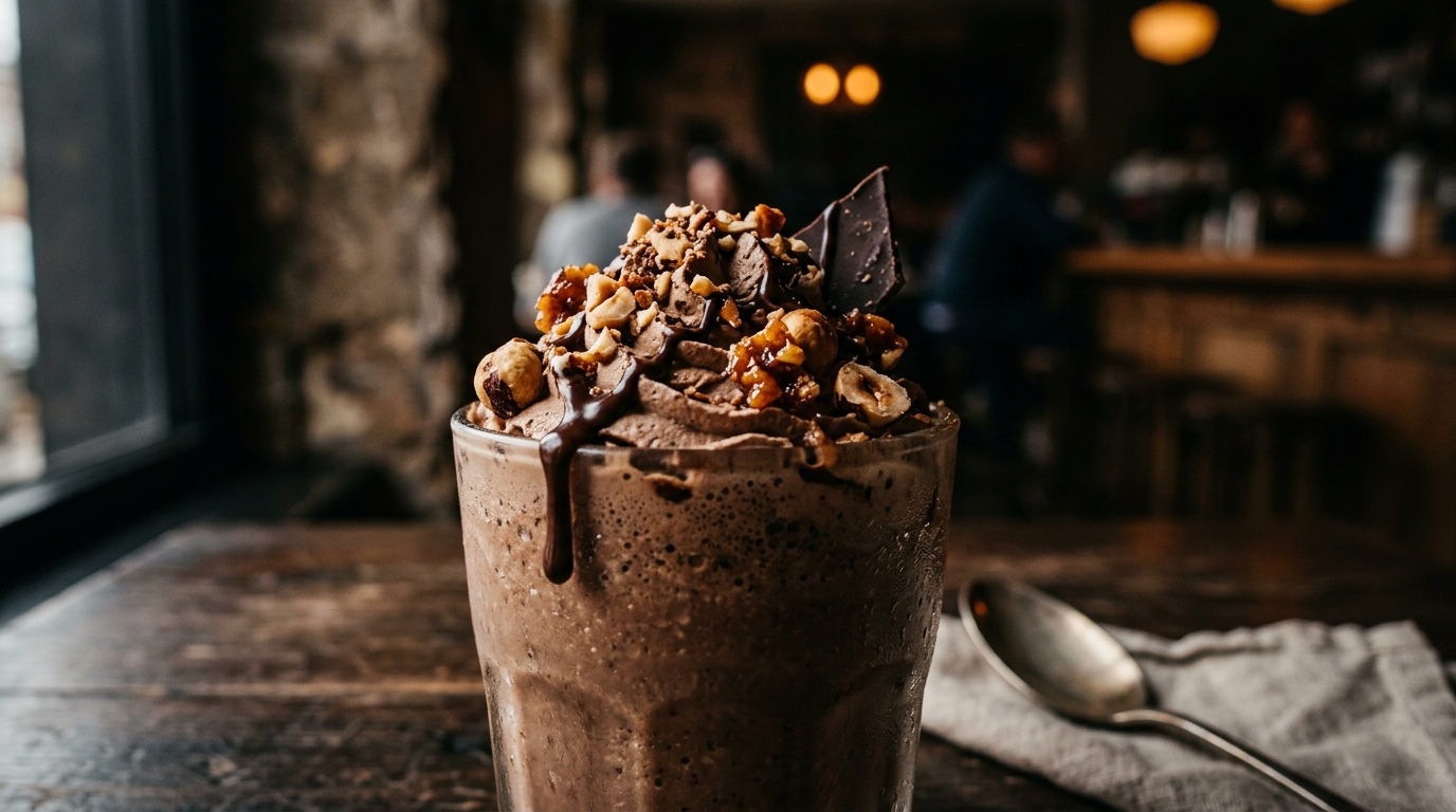 Close-up of hazelnut praline milkshake