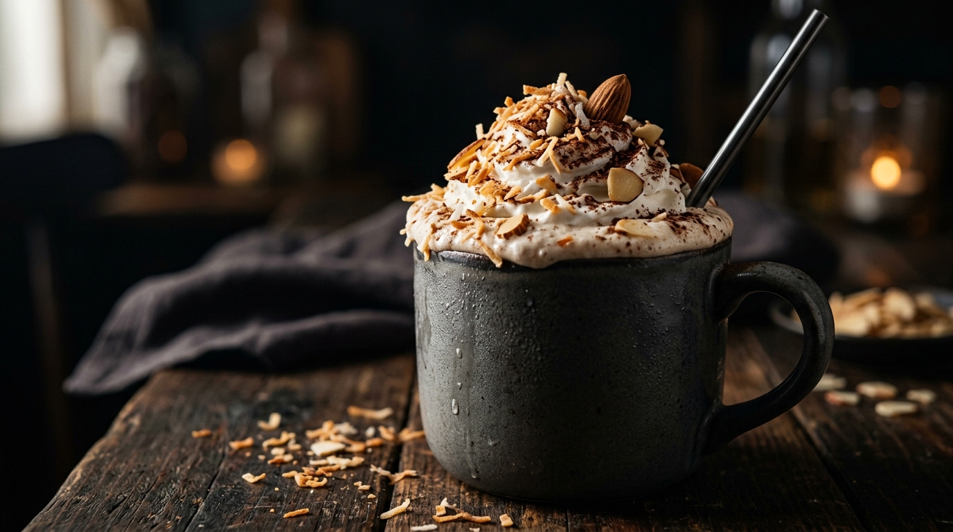 Close-up of luscious coconut almond milkshake