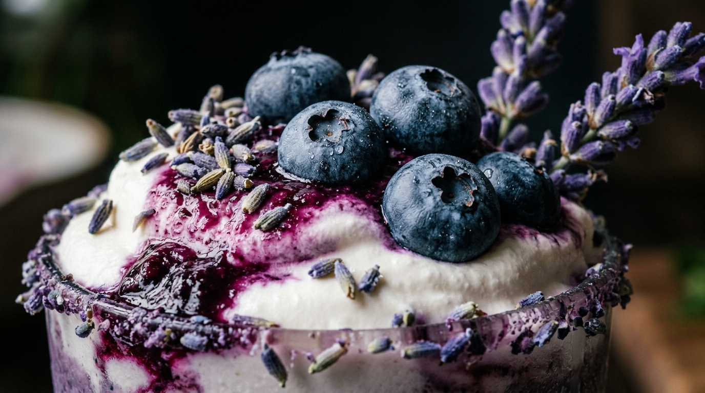 Close-up of blueberry lavender vegan milkshake