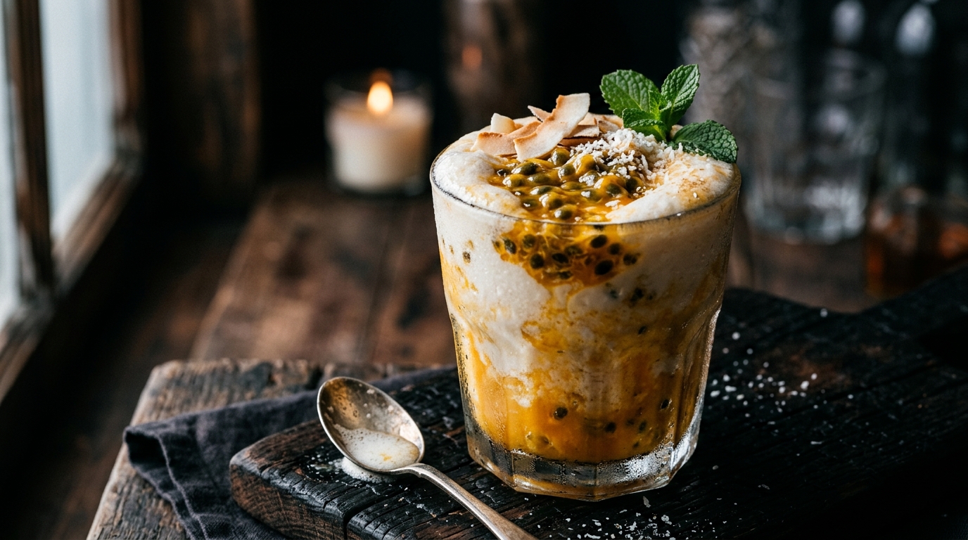 Close-up of passion fruit coconut milkshake