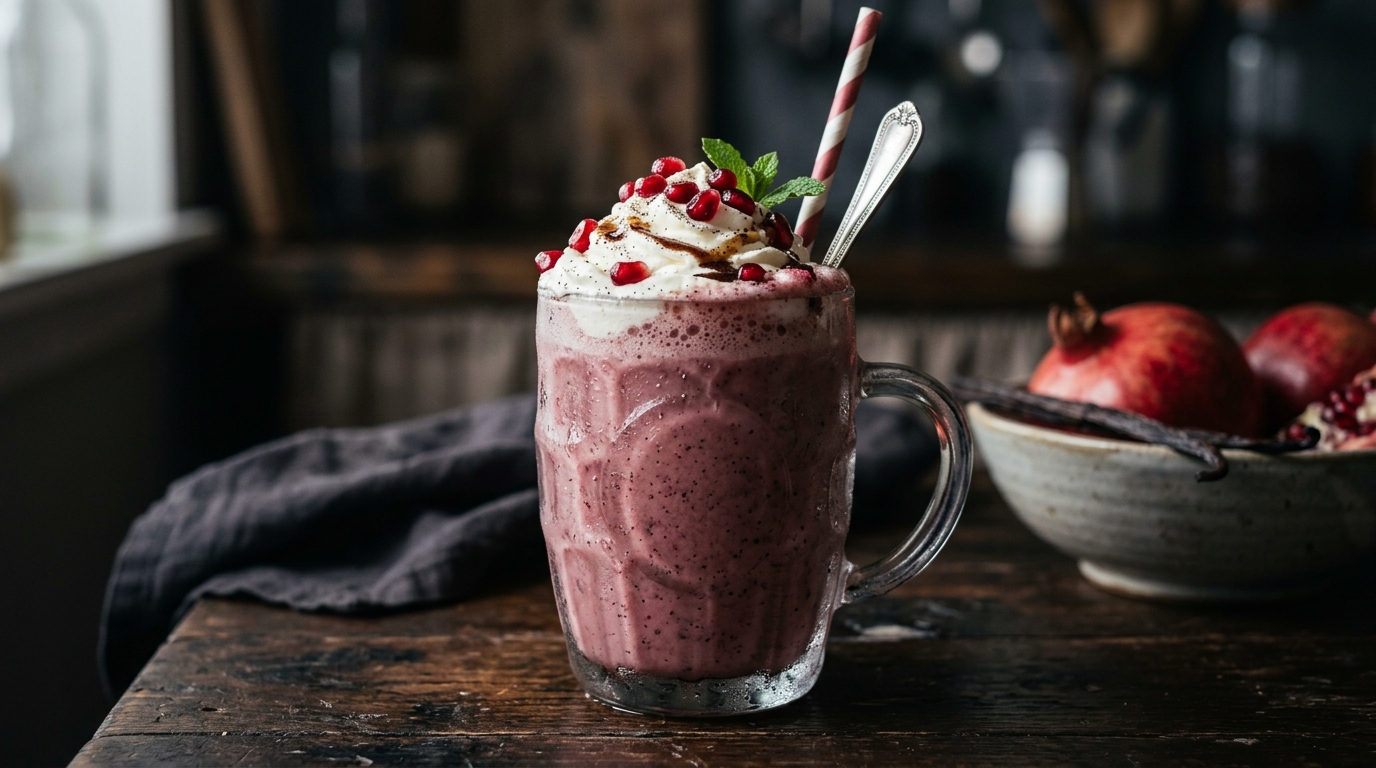 Close-up of pomegranate vanilla bean milkshake