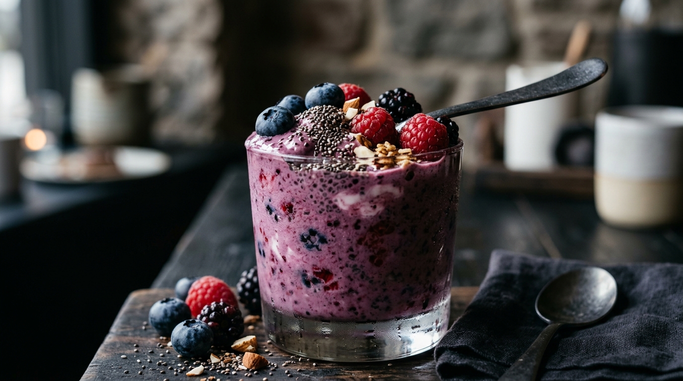 Close-up of berry antioxidant milkshake with greek yogurt and chia seeds