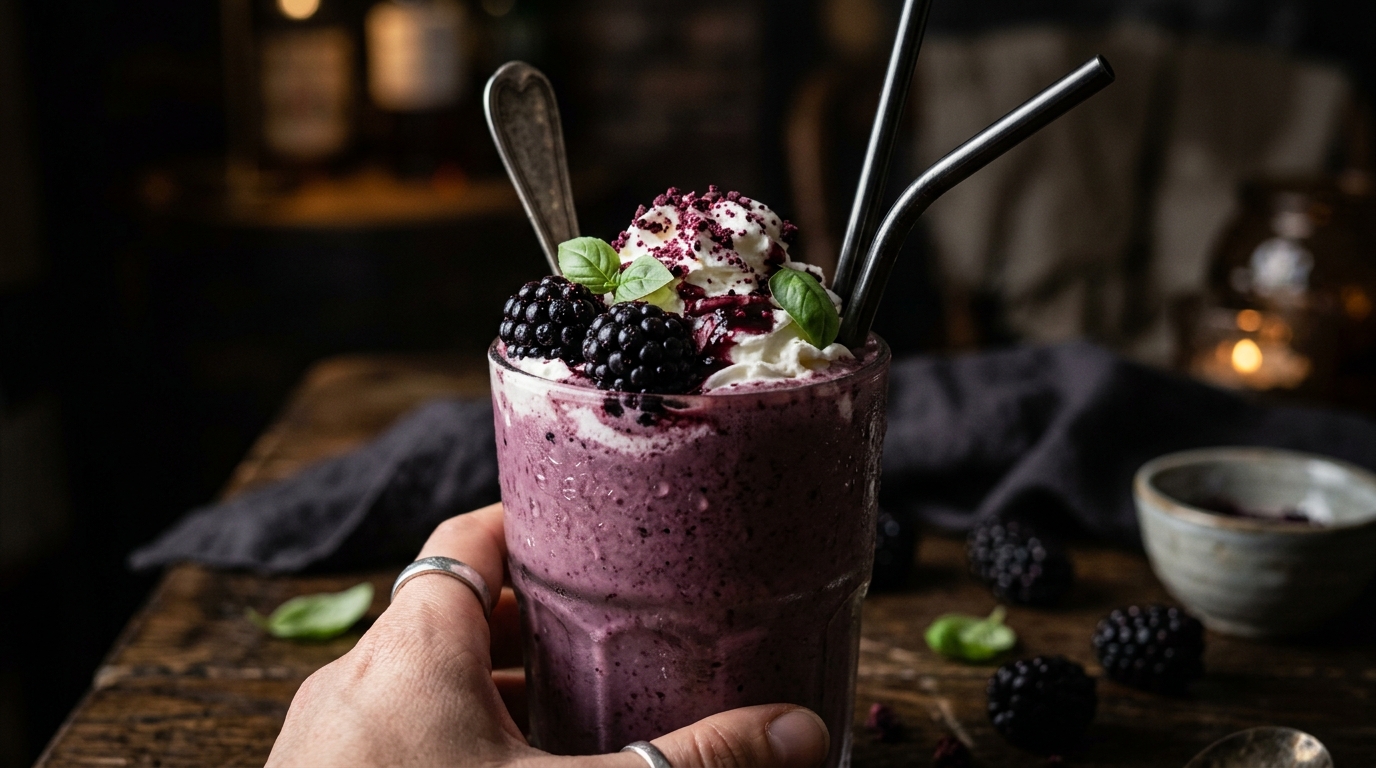 Close-up of blackberry basil milkshake
