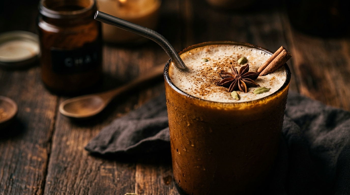 Close-up of smooth coconut chai milkshake