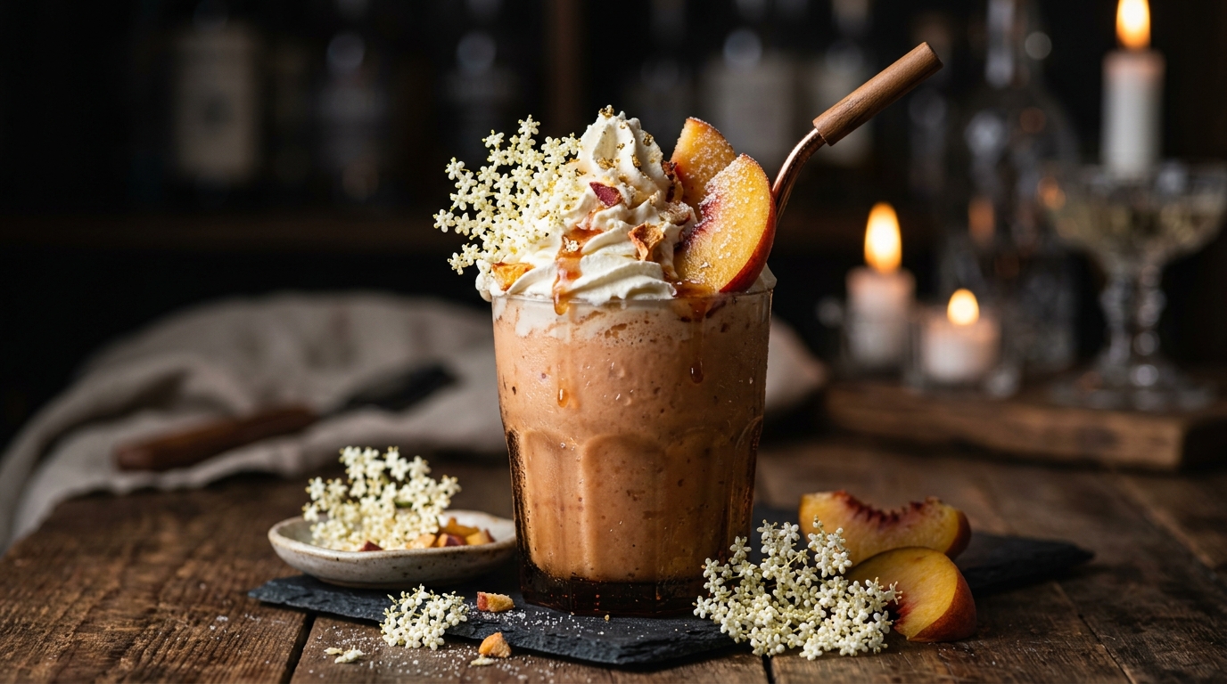 Close-up of exotic elderflower peach milkshake