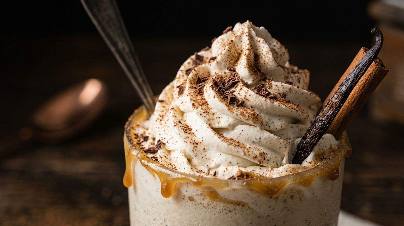 Close-up of indulgent spiced vanilla bean milkshake