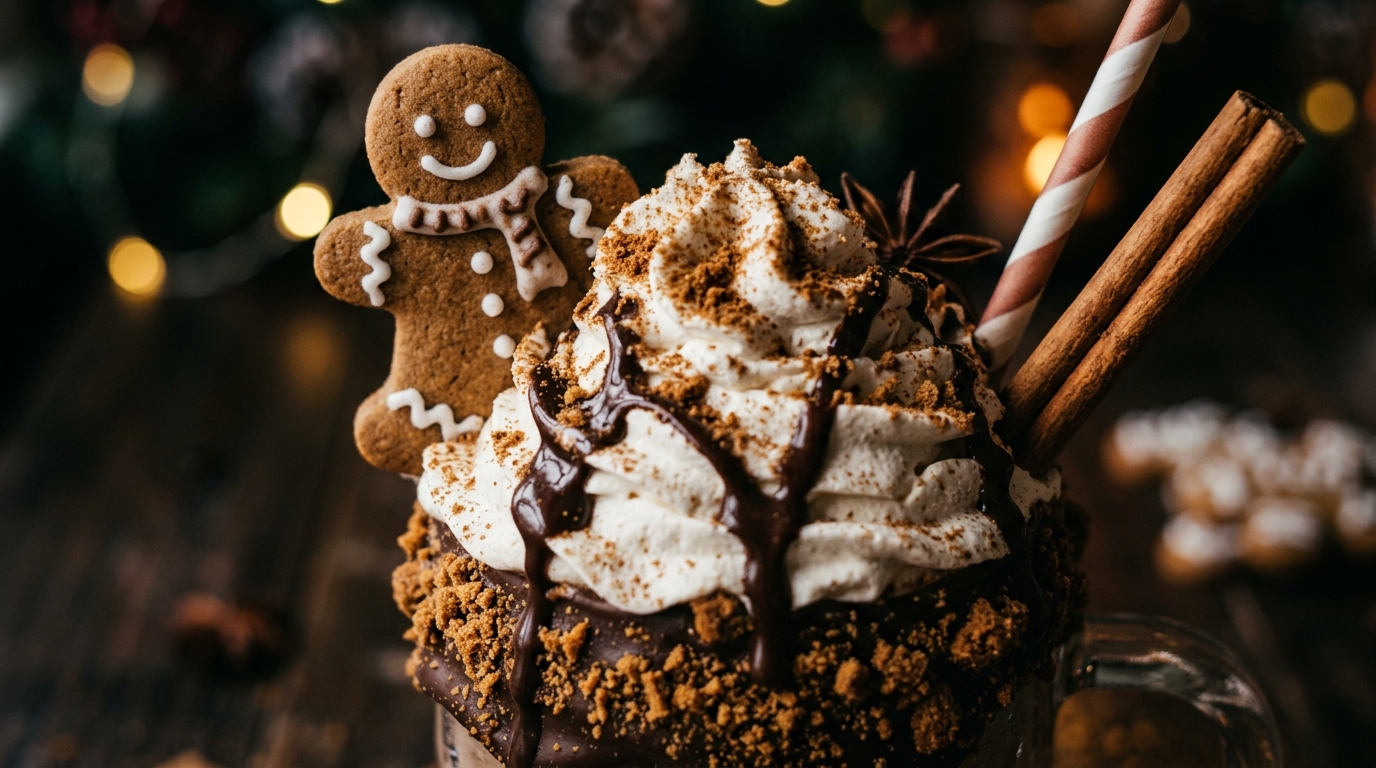 Close-up of decadent gingerbread chocolate milkshake