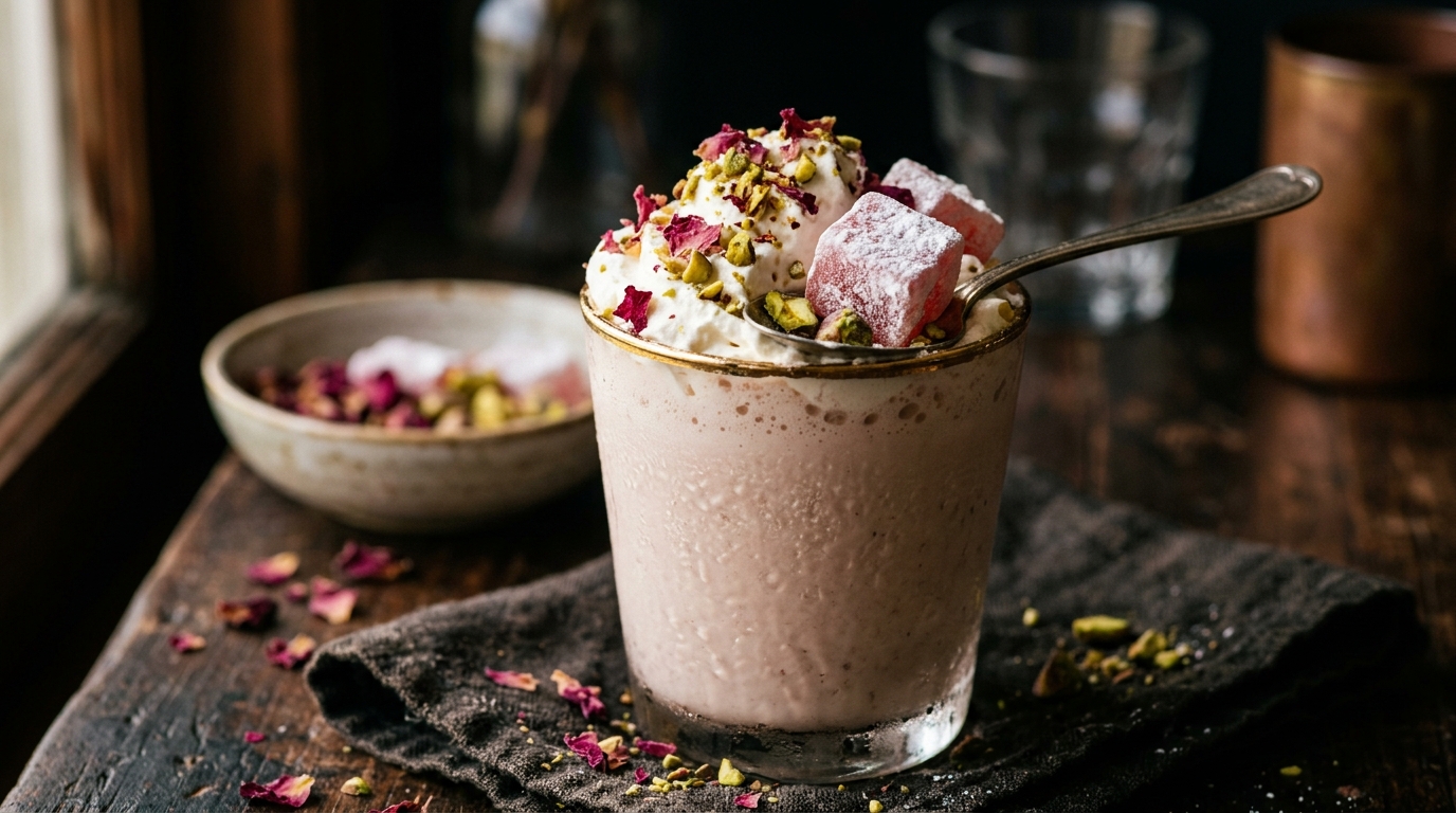 Close-up of turkish delight rosewater milkshake