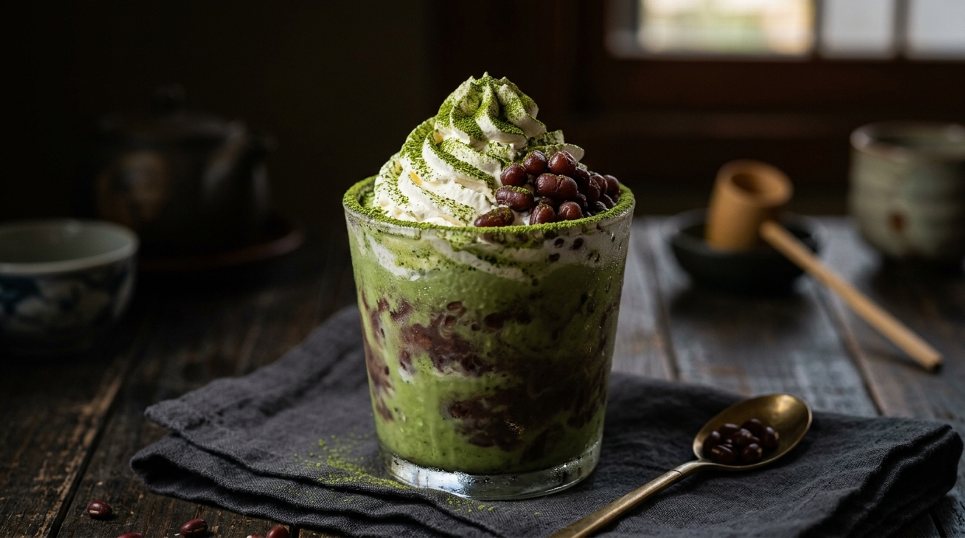 Close-up of japanese matcha red bean milkshake