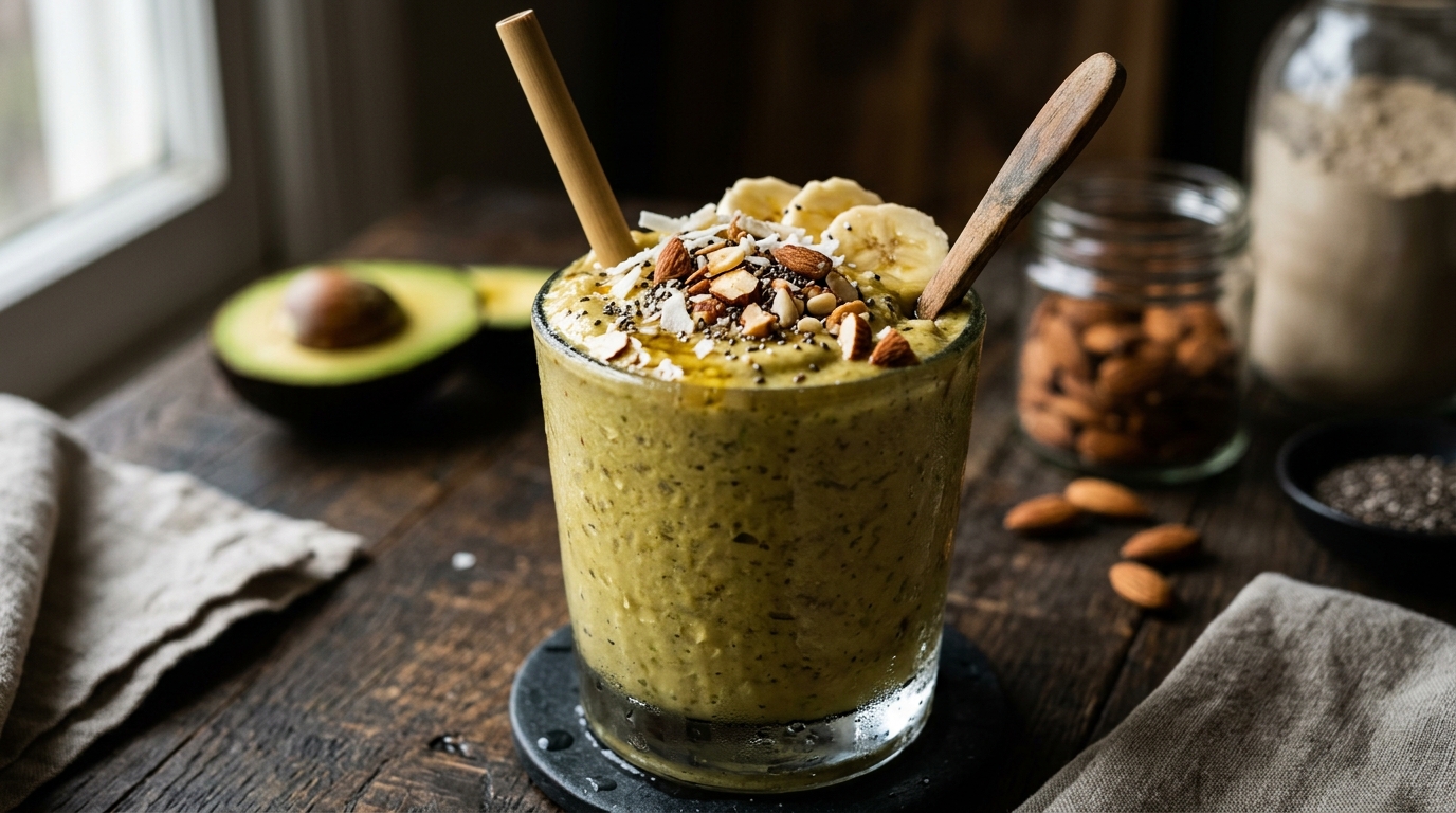 Close-up of protein-packed avocado banana milkshake with almond milk