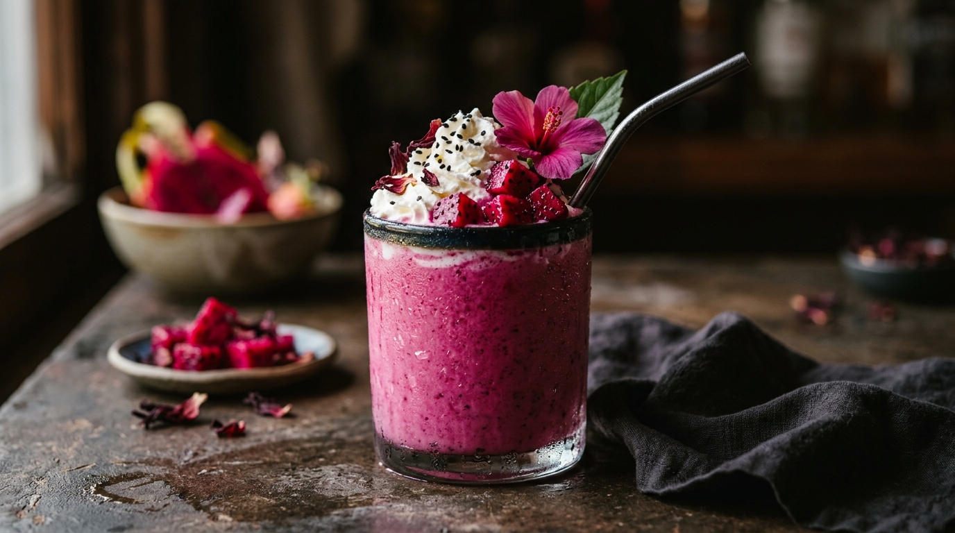 Close-up of dragonfruit hibiscus milkshake