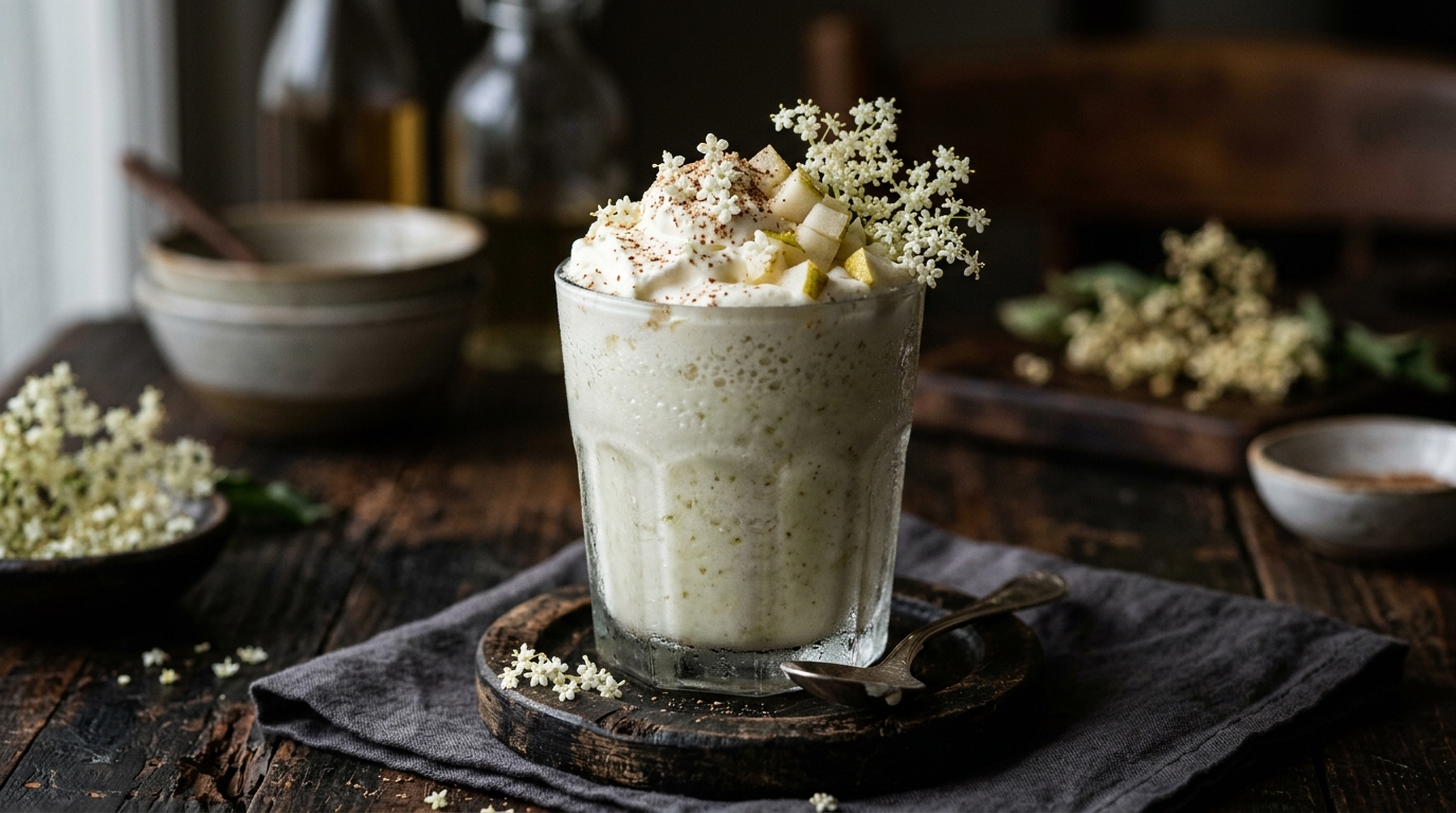 Close-up of elderflower pear milkshake