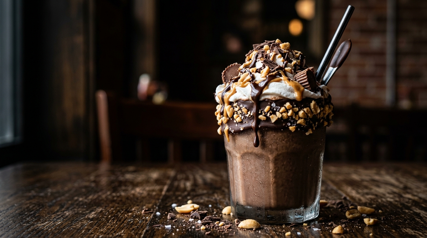 Close-up of decadent chocolate peanut butter vegan milkshake