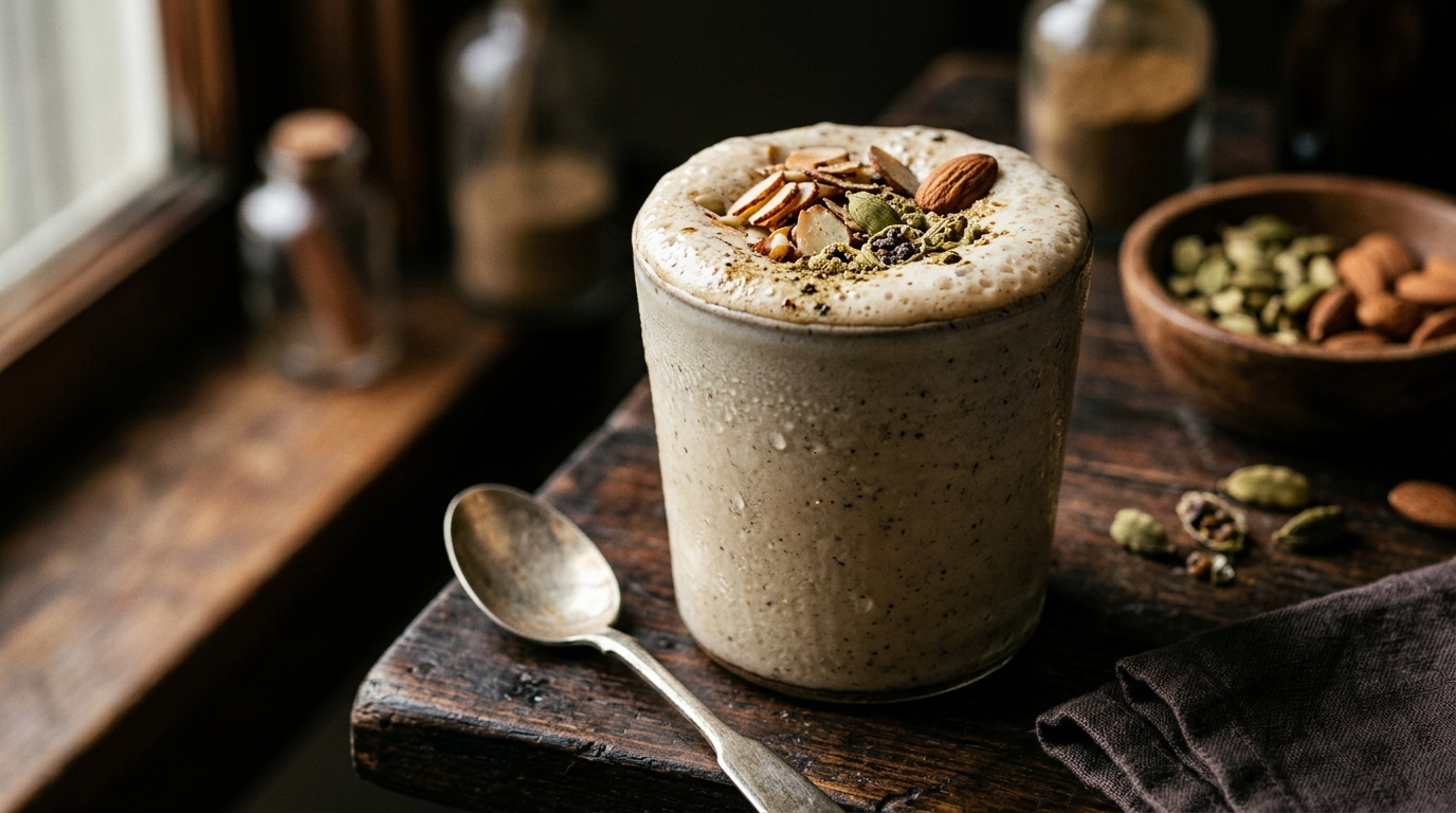 Close-up of rich cardamom almond milkshake