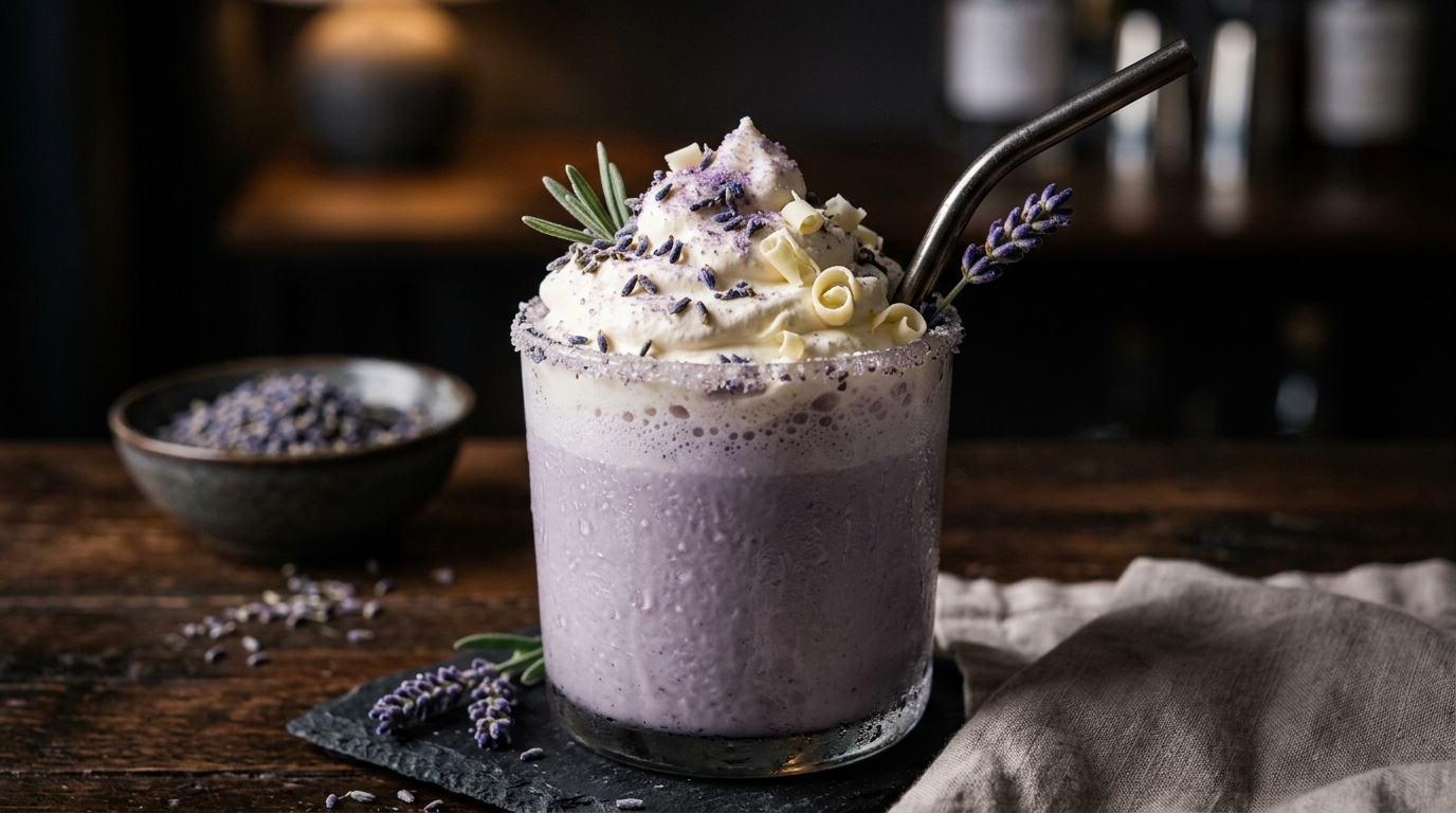 Close-up of velvety lavender white chocolate milkshake