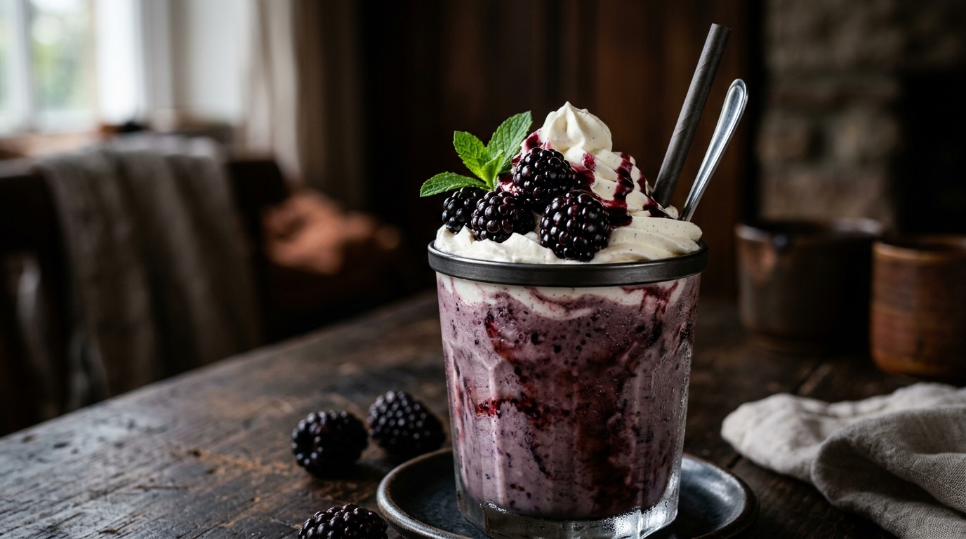 Close-up of luscious blackberry and vanilla milkshake