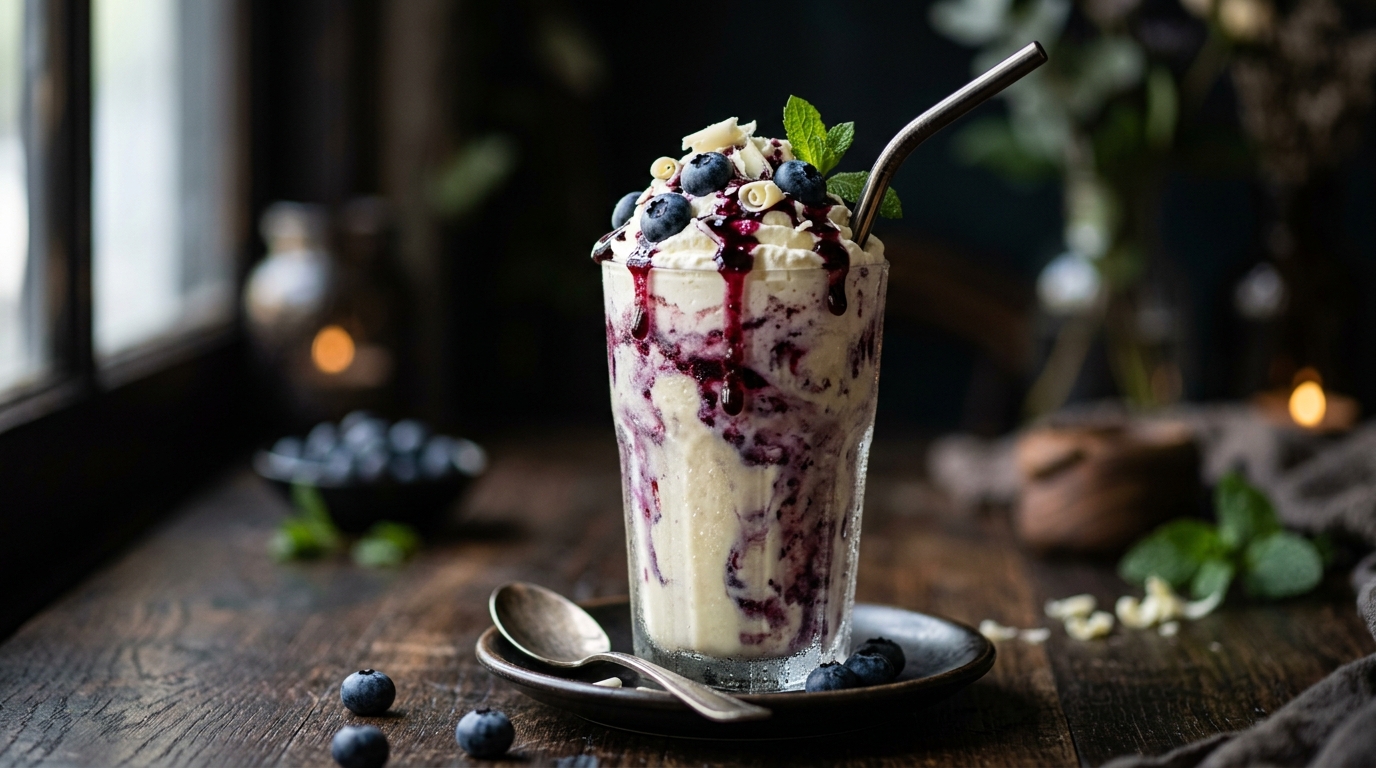 Close-up of decadent white chocolate and blueberry milkshake