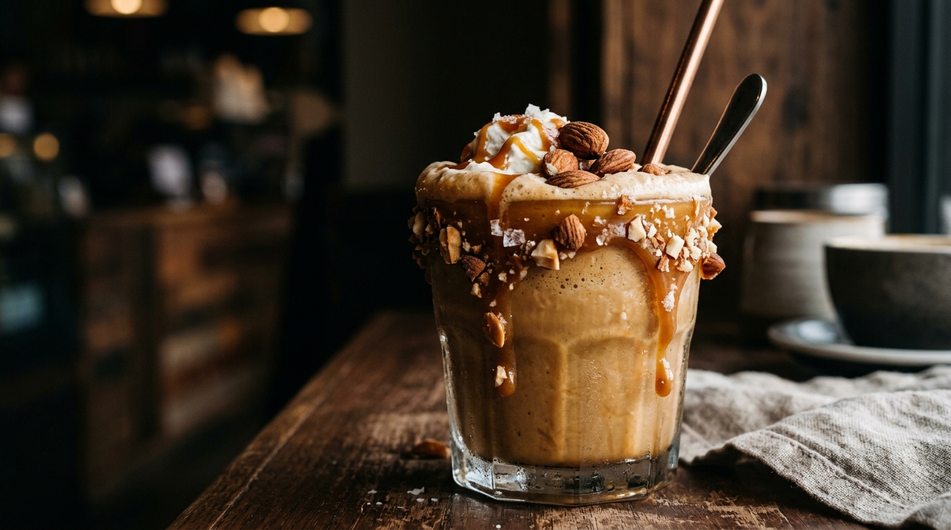 Close-up of salted caramel almond milkshake