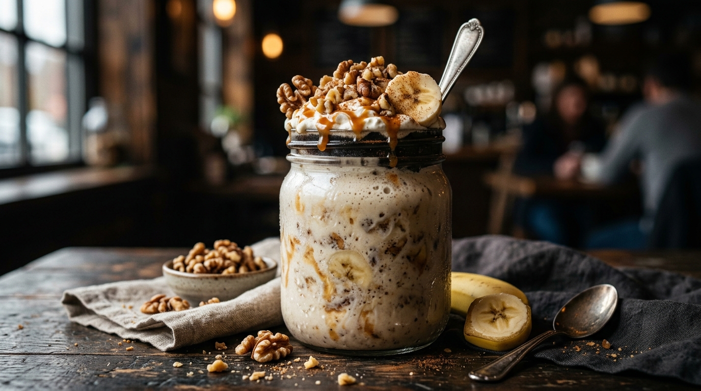 Close-up of hearty banana and walnut milkshake