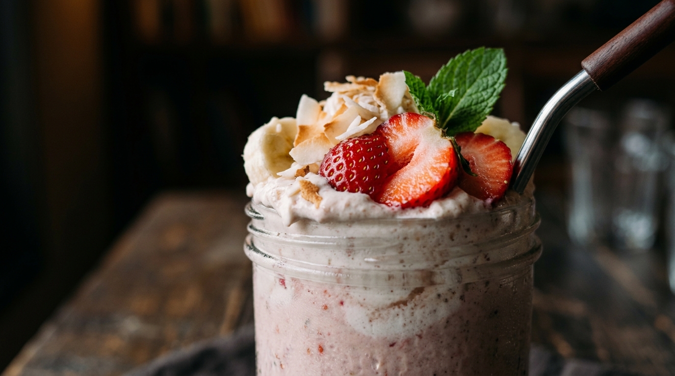 Close-up of strawberry banana vegan milkshake with coconut cream