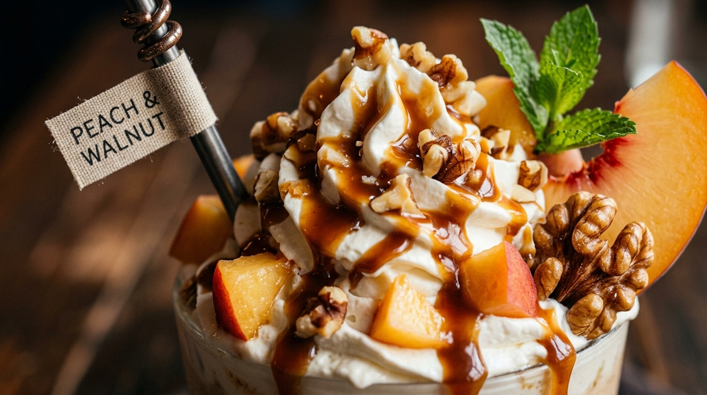 Close-up of peach and walnut gourmet milkshake
