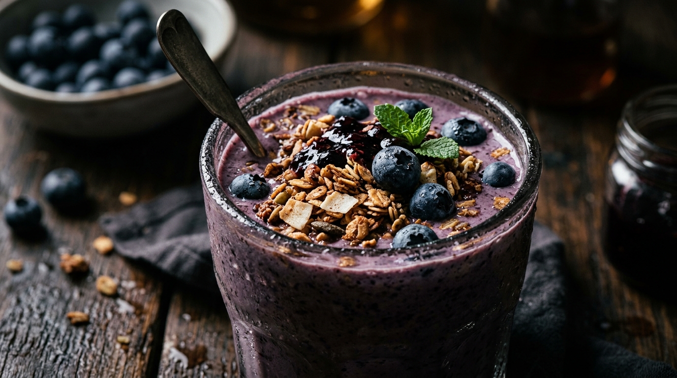 Close-up of blueberry and granola vegan milkshake