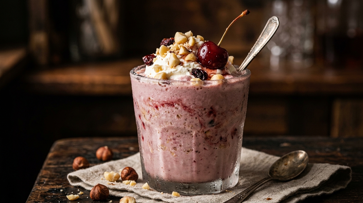 Close-up of cherry and macadamia nut milkshake
