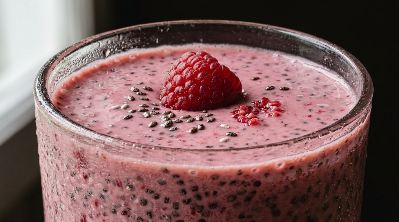 Close-up of raspberry and chia seed protein milkshake