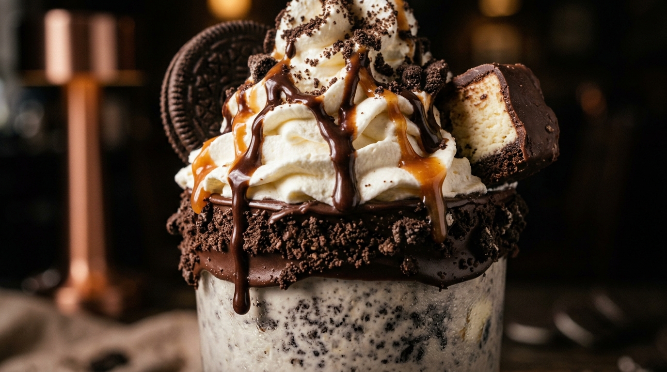Close-up of cookies and cream cheesecake milkshake