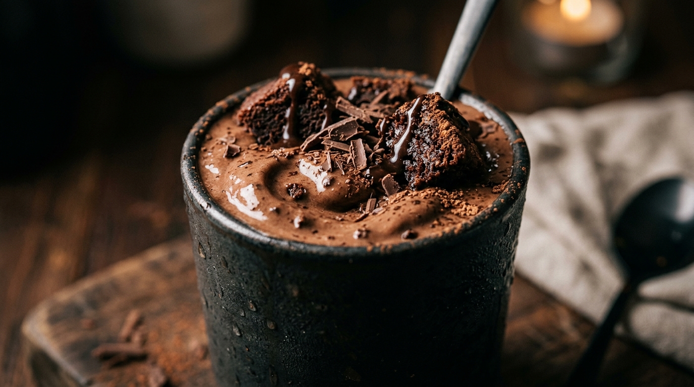 Close-up of brownie batter protein shake