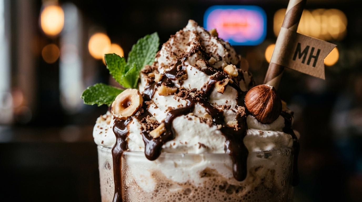 Close-up of mocha hazelnut diner-style milkshake