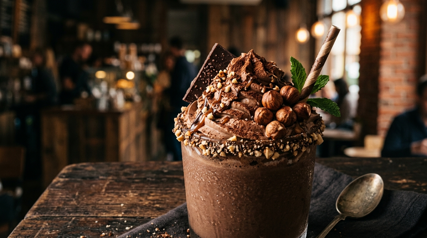 Close-up of café-style mocha hazelnut milkshake
