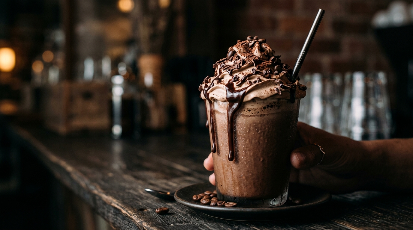 Close-up of rich mocha coffee milkshake with chocolate sauce