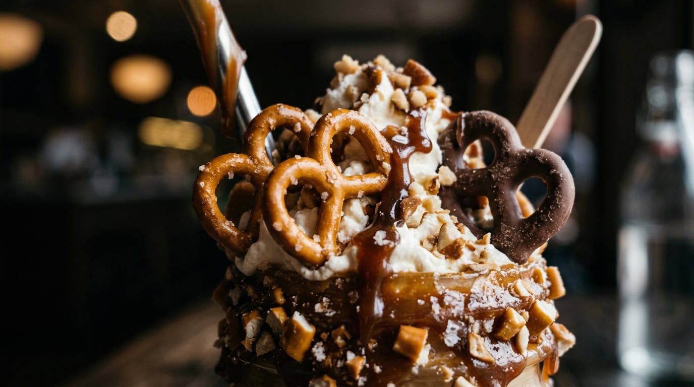 Close-up of salted caramel pretzel freakshake