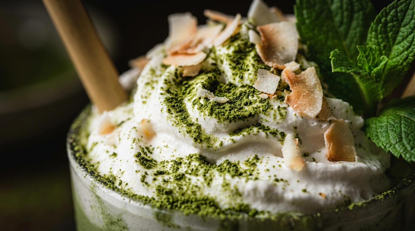 Close-up of vegan coconut matcha milkshake