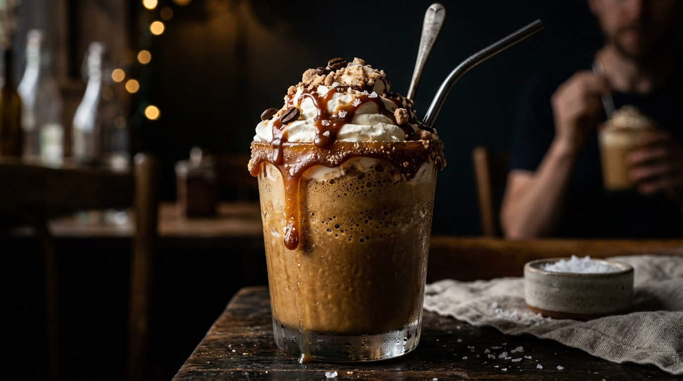 Close-up of salted caramel malt coffee milkshake