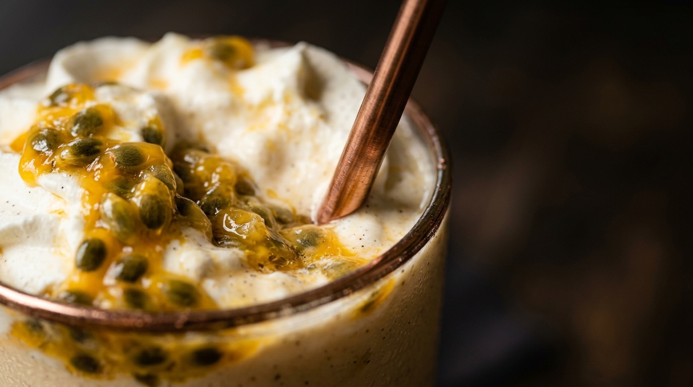 Close-up of creamy passionfruit vanilla milkshake